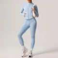 Light blue women activewear set zip jacket and high waist leggings for fitness gym yoga. - XL / Top And Bottom / Light Blue