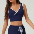 Ensemble de soutien-gorge de sport et pantalon bleu foncé avec bordure blanche pour le yoga. - XL (Recommandé 62.5-67.5kg) / Hauts / Bleu Marine