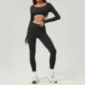 Women black long sleeve crop top high waist yoga leggings activewear fitness set. - S / Top And Bottom / Premium Black