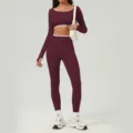 Maroon long sleeve crop top high waist yoga pants fitness gym set for women activewear - S / Top And Bottom / Cherry Red