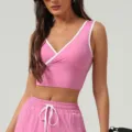 Débardeur de sport croisé col V rose avec bordure blanche pour fitness yoga entraînement. - XL (Recommandé 62.5-67.5kg) / Hauts / Rose Magenta