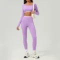 Women long sleeve crop top high waist yoga leggings set athletic fitness workout activewear - S / Top And Bottom / Lavender