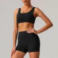 Conjunto de fitness con sujetador deportivo y short de cintura alta negro, ropa deportiva. - S / Parte Superior e Inferior / Negro