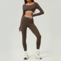 Women long sleeve crop top high waist yoga pants activewear fitness workout set brown - S / Top And Bottom / Chestnut Brown