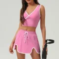 Conjunto deportivo rosa con chaleco de cuello en V y falda ropa fitness correr yoga - S (Sugerido 40-52.5kg) / Parte Superior e Inferior / Rosa Magenta