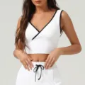 Débardeur de sport femme col V croisé bordure contrastée et pantalon cordon blanc. - XL (Recommandé 62.5-67.5kg) / Hauts / Blanc Cygne
