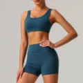 Conjunto de yoga para mujer sujetador deportivo pantalones cortos fitness cintura alta - S / Parte Superior e Inferior / Azul insignia