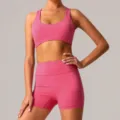 Conjunto de sujetador deportivo rosa y pantalones cortos de yoga para fitness mujer. - L / Parte Superior e Inferior / Rosa rojo (Sujetador + Pantalón corto)