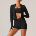 Ensemble de sport fitness noir veste zippée manches longues soutien-gorge short fitness taille haute - S / Ensemble / Noir Premium