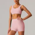 Conjunto de yoga rosa sujetador deportivo y pantalones cortos de talle alto fitness - S / Parte Superior e Inferior / Rosa Sakura