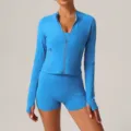 Ensemble de yoga de fitness veste zippée manches longues et short bleu pour femme SKU - S / Ensemble / Bleu Futur