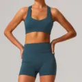 Conjunto de yoga sin costuras de secado rápido sujetador deportivo y pantalones cortos fitness - S / Parte Superior e Inferior / Azul noche (sujetador y pantalones cortos)
