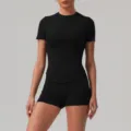 Solid black short sleeve tight yoga set for women, high elastic breathable gym wear. - S / Top And Bottom / Black