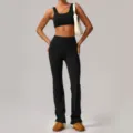 Black athletic yoga set with bra and high waist flared pants for women fitness workout gym. - S / Top And Bottom / Black