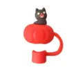 Cute Halloween 10mm silicone straw topper featuring a black cat on a red pumpkin - Fits 10mm Straws / Pumpkin Cat