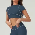 Set crop top sportivo da donna a maniche corte e leggings, abbigliamento fitness yoga traspirante. - S (Consigliato 40-52.5kg) / Grigio Blu Scuro