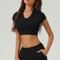 Top corto negro ajustado de deporte mujer camiseta fitness yoga entrenamiento gimnasio - S / Tops / Negro