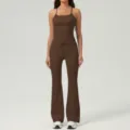 Ensemble de salon marron haut à bretelles fines et pantalon évasé sport yoga pour femme - S / Haut et Bas / Café