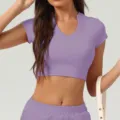 Top corto de yoga morado de manga corta, camiseta deportiva fitness ajustada mujer - S / Tops / Púrpura
