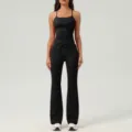 Combinaison de sport noire pour femme moulante à bretelles fines yoga avec pantalon évasé. - S / Haut et Bas / Noir