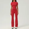 Ensemble haut manches courtes et pantalon evase cote rouge, tenue detente femme. - S / Haut et Bas / Rouge Ardent