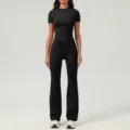 Ensemble yoga haut manches courtes et pantalon patte d'eph noir, tenue fitness cintrée. - S / Haut et Bas / Noir