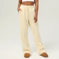 Pantalón de chándal beige para mujer de tiro alto con cordón, cómodo y ancho estilo. - S / Albaricoque Crema