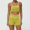 Conjunto de yoga a contraste para mujer con sujetador deportivo y pantalones cortos cruzados. - S / Parte Superior e Inferior / Amarillo limón (conjunto de pantalones cortos)
