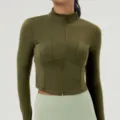 Olivgrüne Stehkragen Sportjacke Damen Langarm Reißverschluss Yoga Fitness Oberteil Top - S / Oberteile / Braungrün