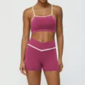 Conjunto de yoga colorblock mujer sujetador deportivo pantalones cortos cruzados rosa fitness - S / Parte Superior e Inferior / Rojo rosa brillante (conjunto de pantalones cortos)