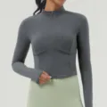 Damen figurbetonter Stehkragen Langarm Sportjacke Reißverschluss Yoga Laufjacke grau - S / Oberteile / Dunkelgrau