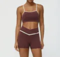 Conjunto de Yoga Colorblock Mujer Shorts Deportivos de Cintura Cruzada y Sujetador Gym - S / Parte Superior e Inferior / Rojo purpúreo (conjunto de pantalones cortos)