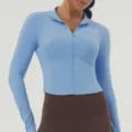 Damen Hellblau Langarm Reißverschluss Stehkragen Schlank Fitness Sport Yoga Jacke Variante - Ozeanblau