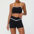 Black and white contrast yoga set, cross waist sports shorts and active sports bra. - Black (Shorts Set)