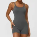 Combinaison de yoga grise foncee a fines bretelles, tenue de sport fitness dos nu. - Gris foncé