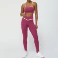 Women's two-piece yoga set with contrast trim sports bra and crossover waist leggings - Bright Rose Red (Trousers Set)