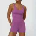 Damen breiter Träger V-Ausschnitt einteiliger Yoga Jumpsuit Fitness Romper lila Var. - S (Empfohlen 42.5-50kg) / Maulbeerenviolett