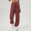 Casual drawstring track pants in dark red with white side stripes for active wear - Dark Red