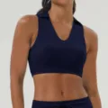 Femme col revers sans manches soutien-gorge de sport fitness yoga haut court marine - S / Bleu Marine