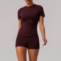 Seamless fitness yoga set short sleeve top and shorts activewear for women sports workout. - S / Top And Bottom / Cherry Red