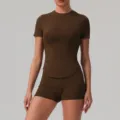 Solid color seamless yoga set, high elastic fitness activewear crop top and shorts for women. - S / Top And Bottom / Dark Coffee