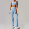 Light blue yoga set featuring a sports bra and high waisted flared leggings for active workouts. - S / Top And Bottom / Fog Blue