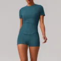 Solid color naked-feeling yoga set, high-elastic breathable fitness short sleeve and shorts. - S / Top And Bottom / Badge Blue