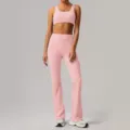 Pink yoga set for women, high waist flared pants and sports bra, athletic activewear. - M / Top And Bottom / Sakura Pink