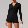 Black long sleeve zip up yoga top and shorts set activewear fitness workout gym outfit for women - S / Top And Bottom / Black