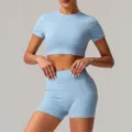 Light blue women athletic yoga set, short sleeve crop top and high waist fitness shorts. - S / Top And Bottom / Fog Blue