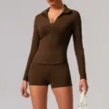 Women brown zip up long sleeve yoga top and shorts athletic activewear set sport gym - S / Top And Bottom / Dark Coffee