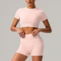 Pink seamless yoga set short sleeve crop top and high waist athletic shorts activewear - S / Top And Bottom / Sakura Pink