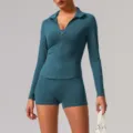 Teal Long-Sleeve Zip Yoga Set, stretchy fitness top and matching shorts for workout. - S / Top And Bottom / Badge Blue