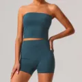 Set yoga fitness senza cuciture da donna crop top strapless sportivo e pantaloncini alti - Blu notte (top a fascia e pantaloncini)